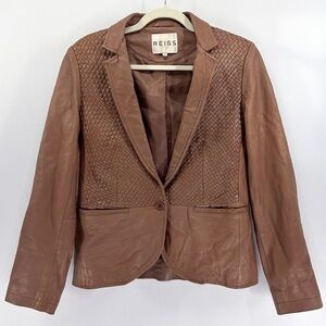 REISS Tan Leather Blazer Jacket Basketweave Textured size medium